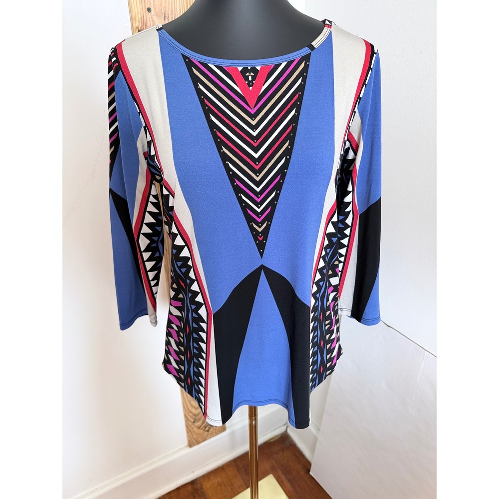 Multiples‎ Blue Geometric Print 3/4 Sleeve Stretch Top Small